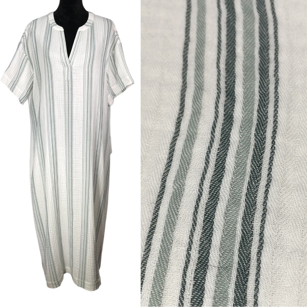 Haven White Gray Maxi Dress Muumuu Short Sleeve Cotton Gauze Striped Loungewear